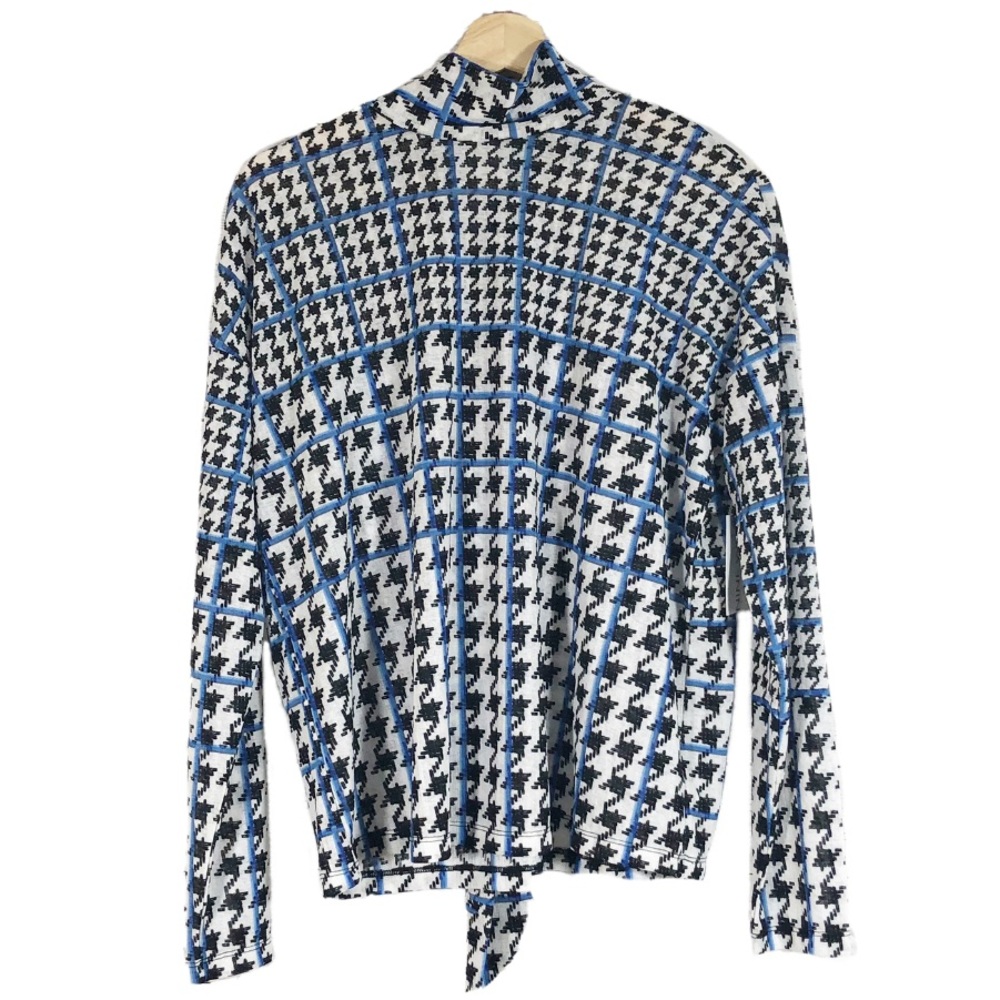 NWT Nine West Houndstooth Tie Neck Top Long Sleeves Blue Black Sz M